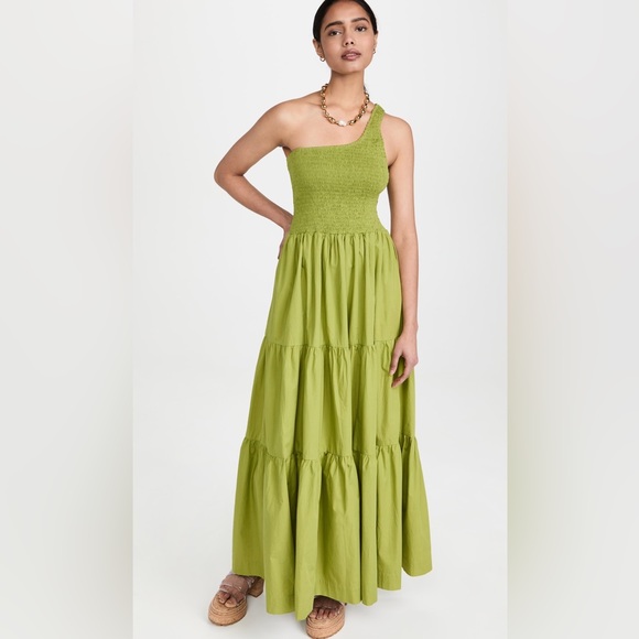 Like New S/W/F Lime Yellow Green Asymmetric Maxi Dress Smocked - Picture 2 of 8